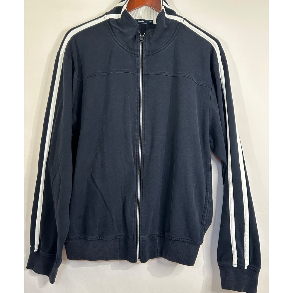 Bossini Women's Blue White Arm Stripe Full Zip Track 100% Cotton Jacket Size XXL